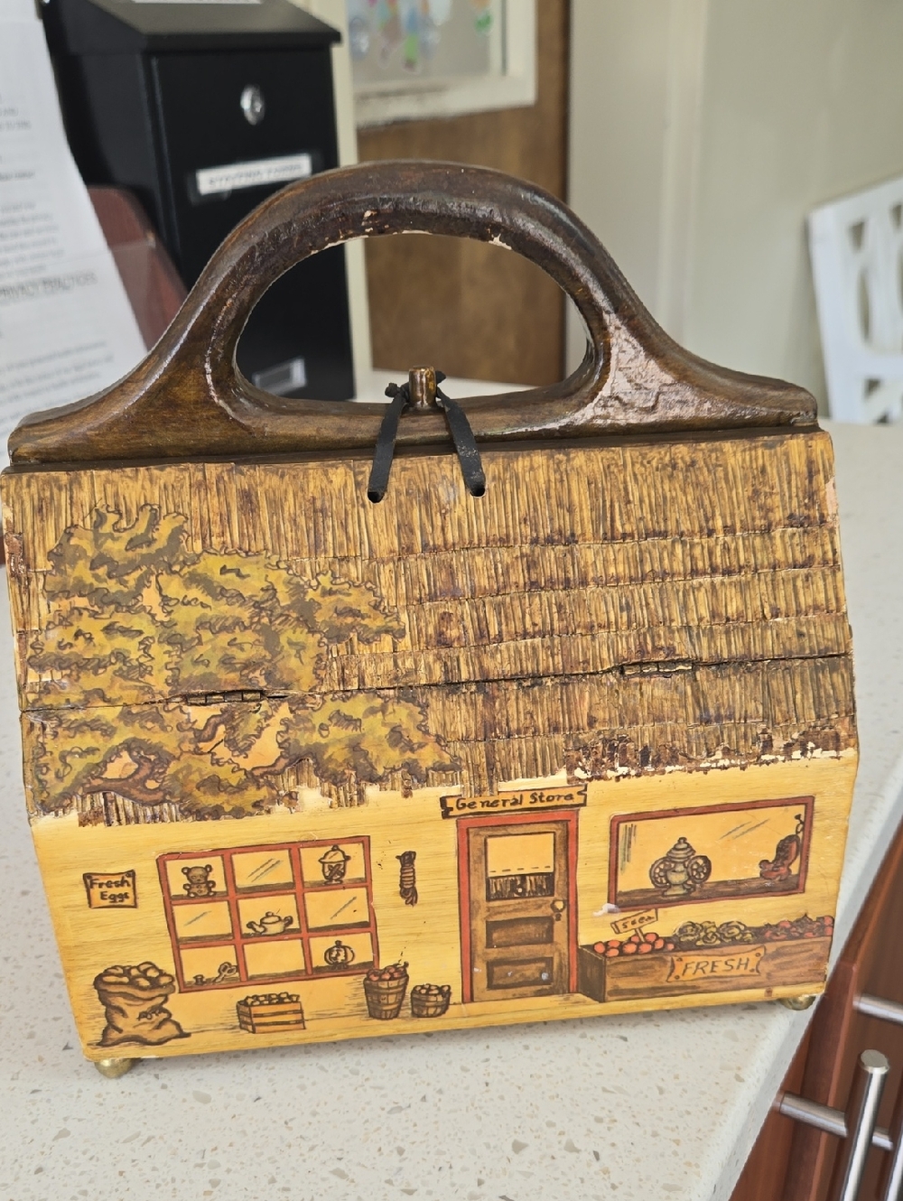 Hand-Painted Wooden Purse Box in Yellow and Brown
